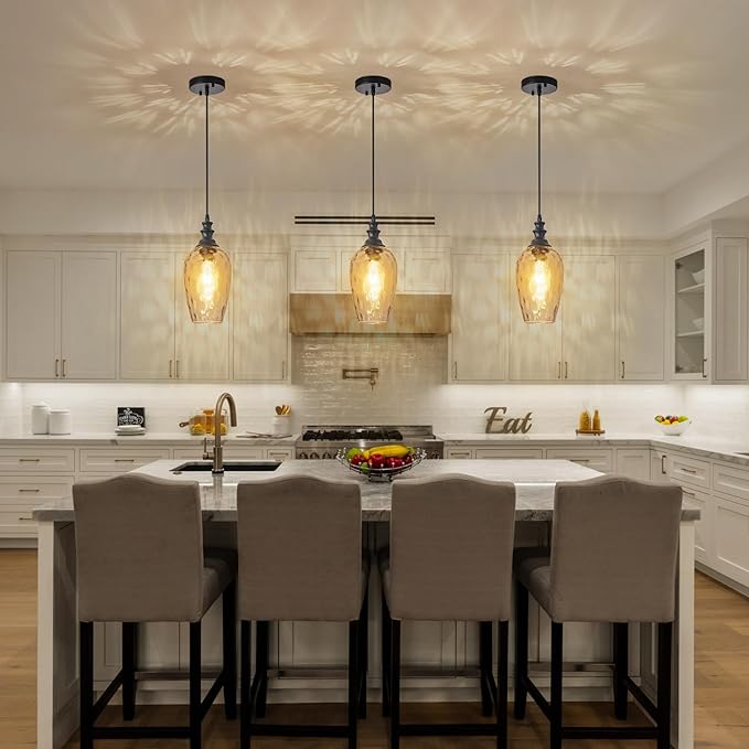 Glass Pendant Lights Kitchen Island Hanging Lighting Fixtures, Transparent Water Ripple Glass Lamp Shade Farmhouse Pendant Light Fixtures, Black Pendant Light for Kitchen, Sink, Dining Room