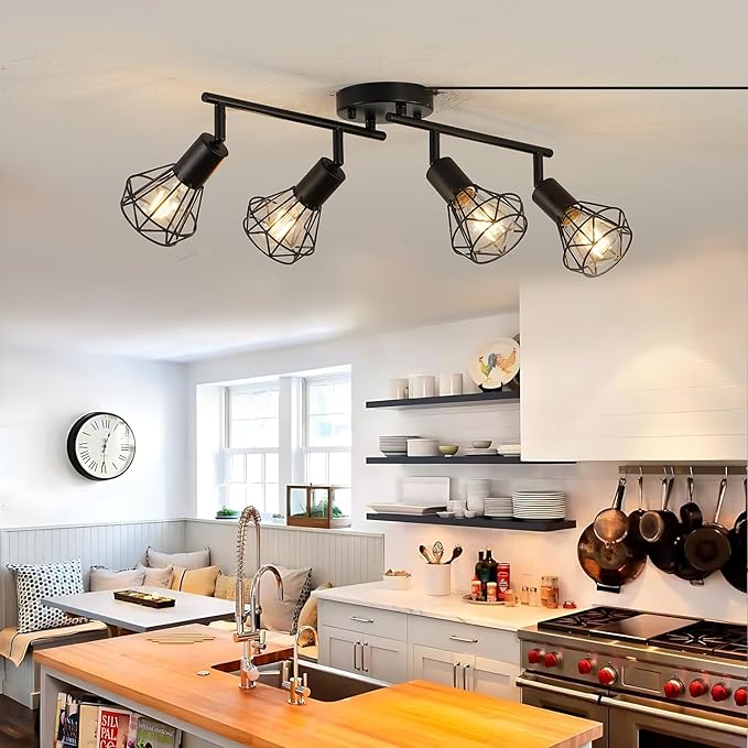 4 Light Plug in Track Light Adjustable Kitchen Track Lighting Fixture Ceiling 19.6tf Long Cord with On/Off Switch Flexible Black Farmhouse Track Lighting