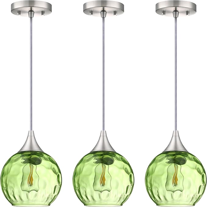 3 Pack 6.3" Hammer Green Glass Pendant Ceiling Light Fixtures Brushed Nickel Finish Modern Farmhouse Dinning Over Sink Adjustable Height Cord