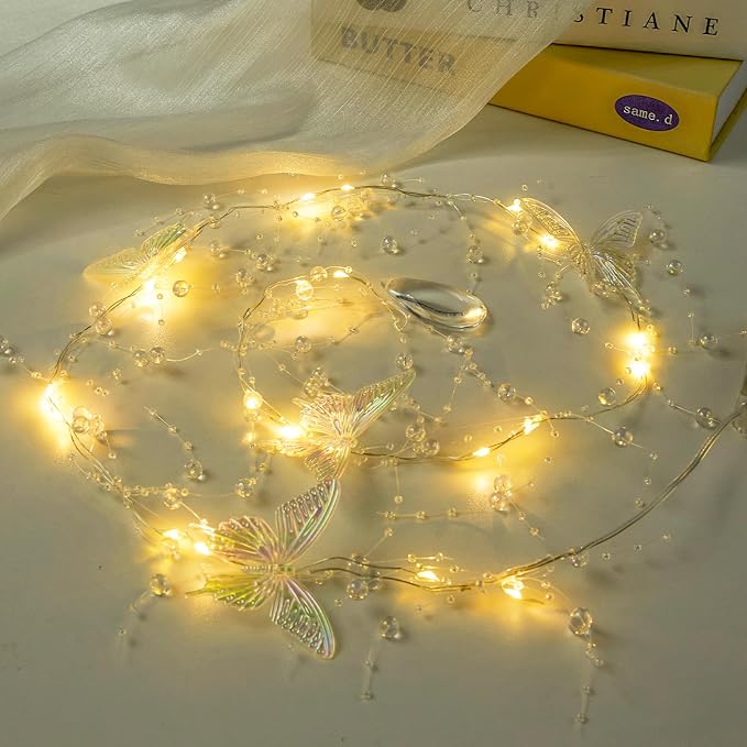 AdasBridal Iridescent Butterfly Fairy Lights, 3.28ft LED Lights Battery Operated, 3-8mm Artificial Beads Mixed 4 Butterflies String Light for Indoor Bedroom Christmas Wedding Party Dorm (2pcs)