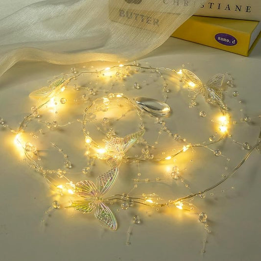 AdasBridal Iridescent Butterfly Fairy Lights, 3.28ft LED Lights Battery Operated, 3-8mm Artificial Beads Mixed 4 Butterflies String Light for Indoor Bedroom Christmas Wedding Party Dorm (2pcs)