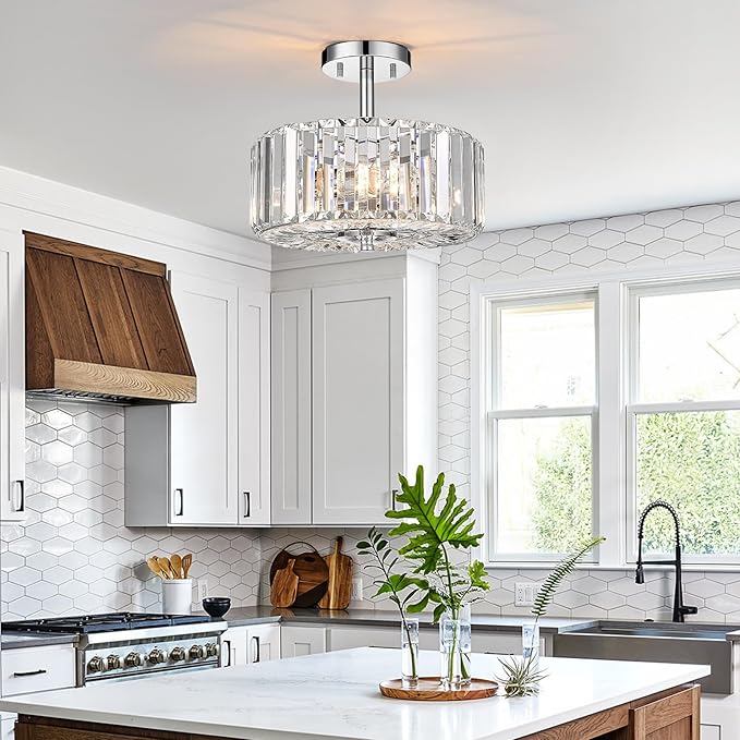 Crystal Light Fixture, Modern 2-Light Chrome Flush Mount Light Fixture, 11" Round Crystal Chandelier for Bedroom Entryway Kitchen Hallway Lighting, SF004-2-CH