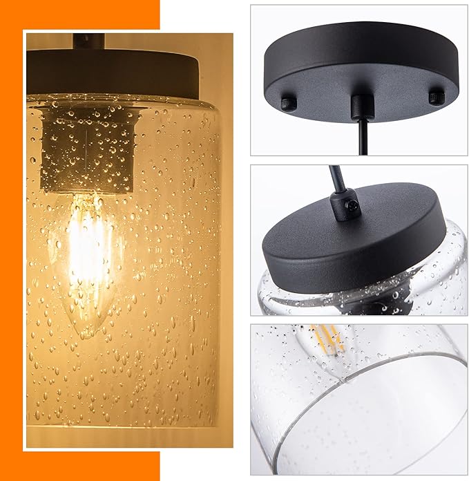 3 Pack Seeded Glass Pendant Light Black Pendant Lighting Modern Mini Hanging Lighting Adjustable Cord for Kitchen Island Dining Room Sink,4.7in