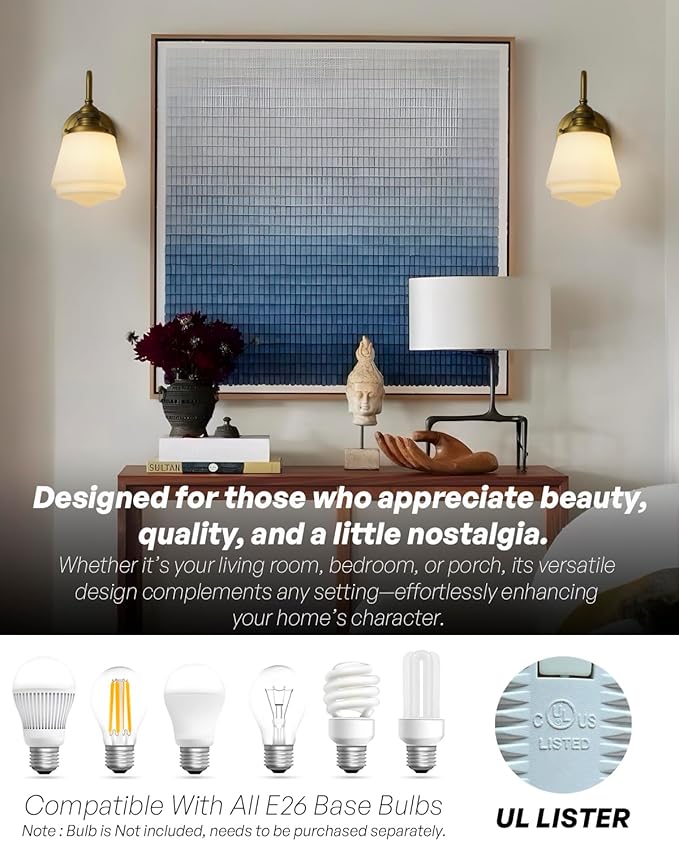 Vintage Wall Sconce Antique Brass Gold Bathroom Vanity Light with Frosted Milk Glass Shade Indoor Hardwire Wall Mounted Lamp Light for Bathroom Mirror Living Room Bedroom Kitchen