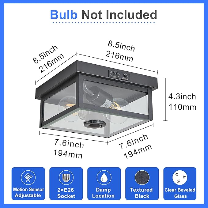 (2026 Upgrade Adjustable Motion Sensor Outdoor Ceiling Light,8.5IN Fully Sealed Fixture with Clear Beveled Glass,Waterproof, Dustproof & Insect-Proof,Suit to Porch,Patio,Garage,Hallway
