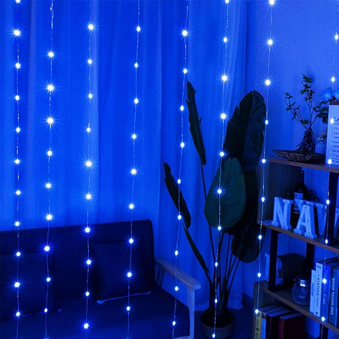 300 LED Fairy Lights, Twinkle Lights with 8 Light Modes, 9.8x9.8Ft Curtain String Lights Remote Control for Christmas, Bedroom, Indoor, Outdoor, Weddings, Party, Birthday Decor (Blue)
