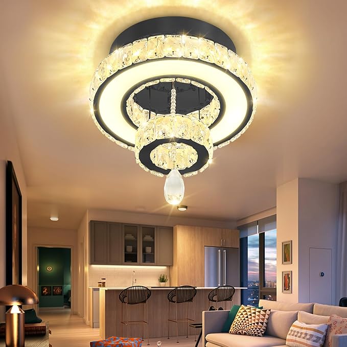Flashing God 12" Modern Crystal Chandeliers Flush Mount Ceiling Light Black Chandelier for Hallway LED Dimmable Mini Chandelier for Dining Room Living Room Bedroom