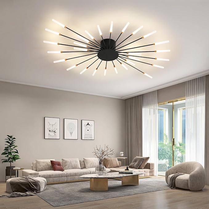 JAYMP 41.3" Ceiling Light Modern Flower Shape Ceiling Lamp for Dining Room Kitchen Hallway Flush Mount Metal Acrylic Sputnik Firework Petal LED Lighting Fixture (Matte Black, 28 Lights)