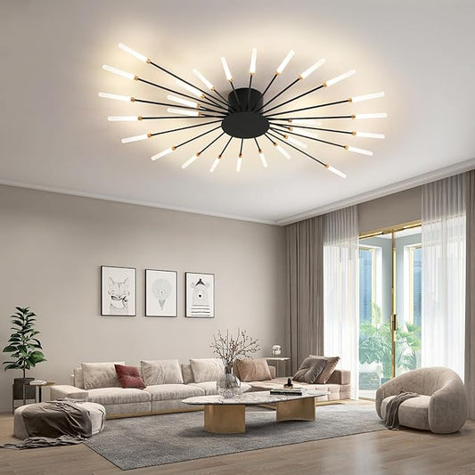 JAYMP 41.3" Ceiling Light Modern Flower Shape Ceiling Lamp for Dining Room Kitchen Hallway Flush Mount Metal Acrylic Sputnik Firework Petal LED Lighting Fixture (Matte Black, 28 Lights)
