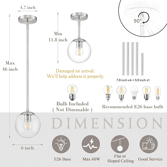 Bagood 6 Inch Globe Pendant Light Nickel Globe Pendant Lights Kitchen Island Mid Century Light Fixture with Hight Clear Glass Contemporary Adjustable Hanging Lights for Dining Room (Bulb Included)
