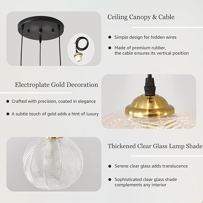 3-Light Clear Glass Pendant Light, Globe Shade Hanging Chandelier, Hand Blown Glass Ball Pendant Light Fixtures for Kitchen Island, Staircase, Dining Room, Living Room, Bedroom