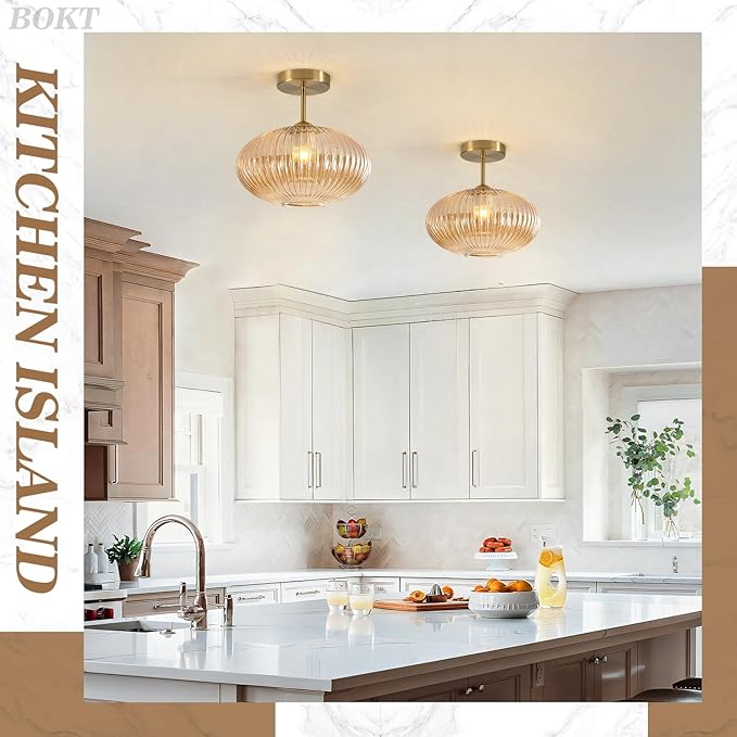 BOKT Amber Glass Flush Mount Ceiling Light Schoolhouse Style Close to Ceiling Lights Set of Two Antique Brass Flush Mount Kitchen Lighting Gold Hallway Ribbed Glass Ceiling Lights