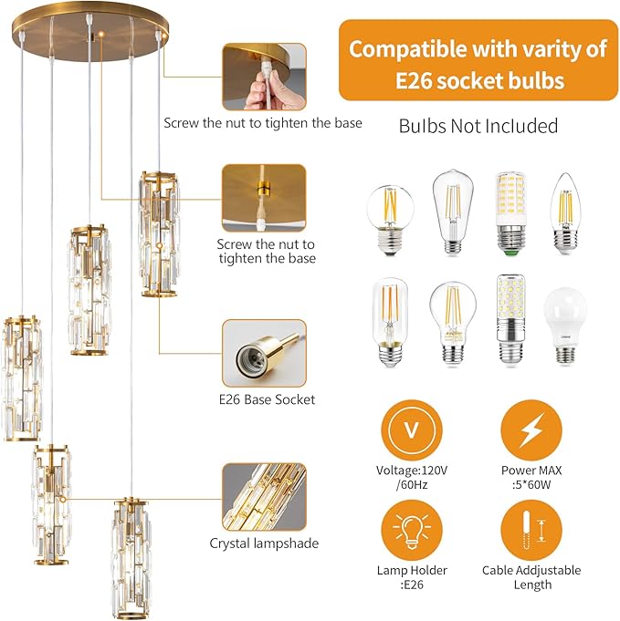 LMQNINE Pendant Light, Gold Modern Pendant Light Fixtures, Mini Crystal Chandeliers, Adjustable 5-Light Pendant Lighting for Kitchen Island Dinning Room Bedroom (Gold 5-Light)
