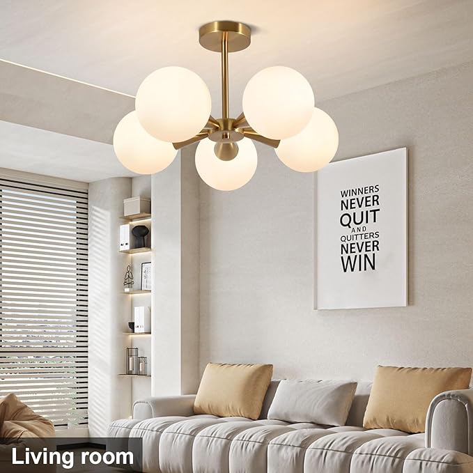 Bektas 5-Lights Semi Flush Mount Ceiling Light Fixture Brushed Gold Light Fixture Straight Bar Modeling with Milk Glass Globe for Bedroom,Living Room, Dinning Room Foyer Hallway