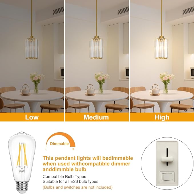 2 Pack Pendant Lights Kitchen Island, Modern Gold Pendant Light Fixtures, Mini Chandelier Crystal Kitchen Island Lighting, Hanging Pendant Lights Fixture for Kitchen Island Dining Room Hallway Foyer
