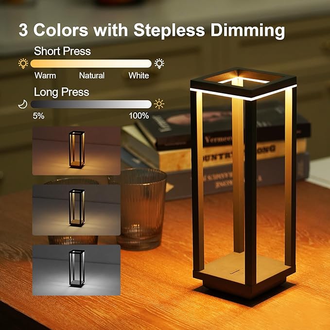 Cordless Table Lamp Rechargeable, IP55 Waterproof, 60h Runtime Protable Outdoor Table Lamps, 3 Color Stepless Dimming Battery Powered Table Lamp for Dinner/Restaurant/Bedroom/Cafe