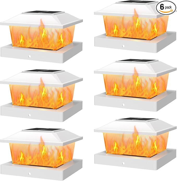 APONUO Solar Post Cap Lights with Flickering Flame & Warm White, 6-Pack for 4x4 Wood/ 5x5 Vinyl Posts, Solar Powered Deck & Fence Lights, Auto On/Off, IP65 Waterproof, Glossy White