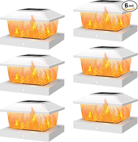 APONUO Solar Post Cap Lights with Flickering Flame & Warm White, 6-Pack for 4x4 Wood/ 5x5 Vinyl Posts, Solar Powered Deck & Fence Lights, Auto On/Off, IP65 Waterproof, Glossy White