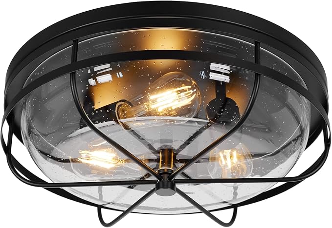 16 Inch Light Fixtures Ceiling Mount, Close to Ceiling Light with Seeded Glass, Outdoor Indoor Flush Mount Ceiling Light for Bedroom Living Room Kitchen Porch Hall Patio, ROS91AL-BK