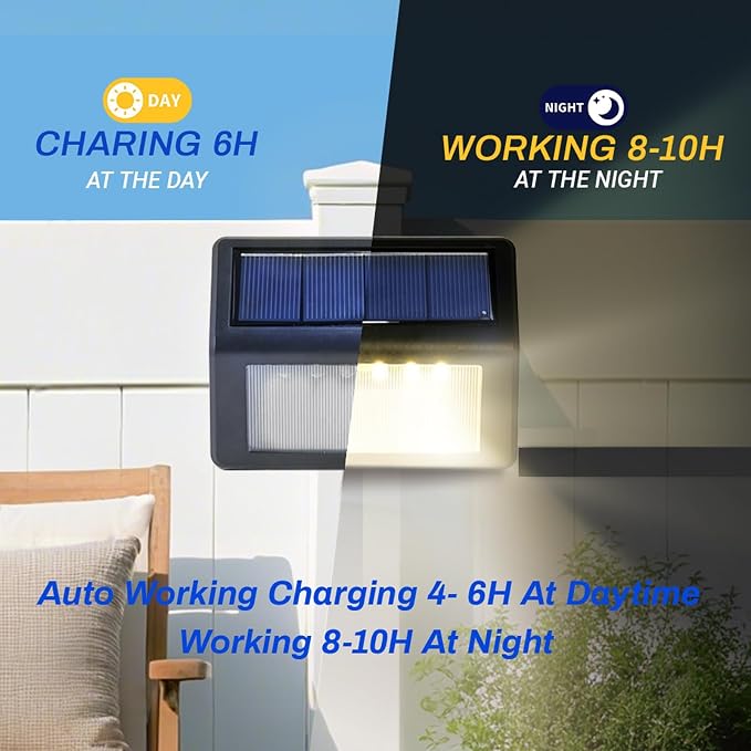 Bright Solar Fence Lights, 6 Pack Outdoor Step Lights, IP65 Waterproof, 3000K Warm-White, Dusk to Dawn Outdoor Lighting with 6 LED for Wall, Garage, Patio, Exterior, Porch