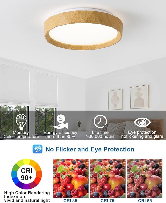 ANYLOVE 15 inch LED Flush Mount Ceiling Light Fixture,3000K 4000K 5000K Adjustable Ceiling Lights, Farmhouse Oak Wood Grain Ceiling Light for Bedroom Hallway Bathroom Kitchen
