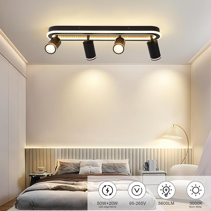 LED 4 Light Track Lighting Spotlight Kit, Black Ceiling Spotlights, Modern Track Light Fixture with Flexibly Rotatable Light Heads, 50W+20W Dual Lighting for Kitchen Living Room,Includes 4 x GU10 Bulb