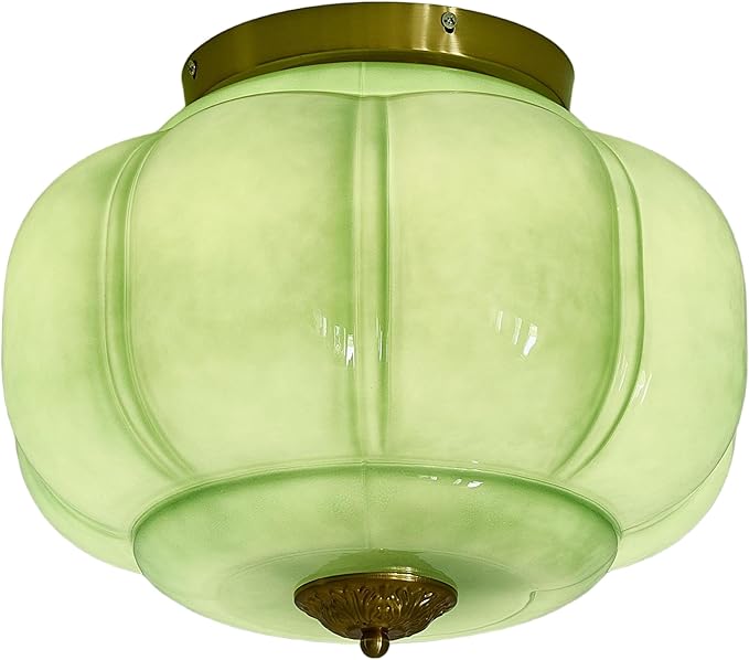 LIGHTLAND Milk Glass Ceiling Light, 15 Inch 3-Light Metal Glass Flush Mount Ceiling Light Fixture for Entryway, Hallway, Living Room, Bedroom (Style C, Green)