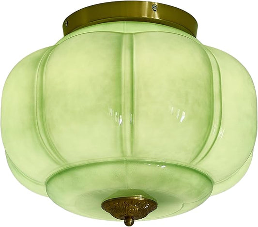 LIGHTLAND Milk Glass Ceiling Light, 15 Inch 3-Light Metal Glass Flush Mount Ceiling Light Fixture for Entryway, Hallway, Living Room, Bedroom (Style C, Green)