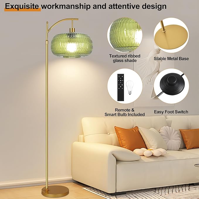 QIYIZM Glass Floor Lamp for Living Room,Bedroom,Gold Dimmable Standing Lamp with Remote,Green Mid Century Modern Brass Vintage Tall Lamp Floor Lamps Arc Boho Floor Light Lamp Bohemian