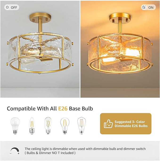 12.8" Modern Gold Semi Flush Mount Ceiling Light Fixture, 2-Light Glass Drum Ceiling Light, Small Hammered Glass Ceiling Lights for Dining Room Foyer Kitchen Hallway Entryway