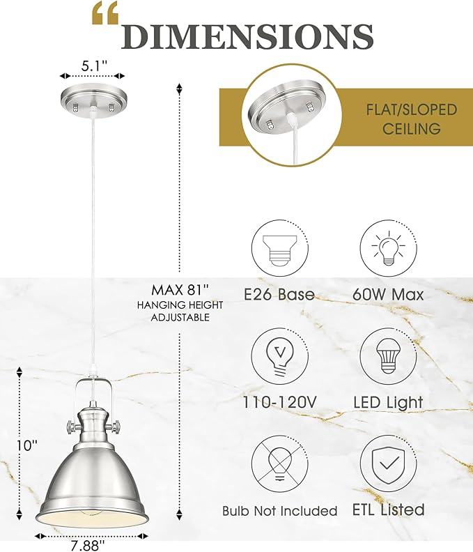 2-Pack Pendant Lights Kitchen Island, 8" Farmhouse Hanging Lights Fixtures with Metal Shade, Rustic Kitchen Pendant Lighting Over Island for Dining Room, Brushed Nickel, AD-2151-2PM-SN
