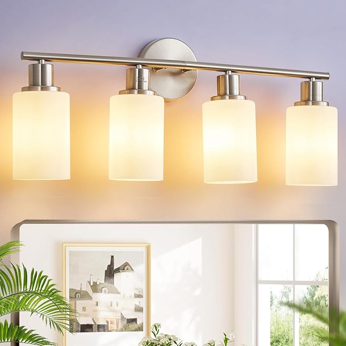 DLLT 4-Light Bathroom Light Fixtures: Nickel Modern Vanity Lights with E26 Bulbs - Milky White Glass Shade Bathroom Wall Lamp for Mirror Kitchen Living Room Hallway Cabinet Porch