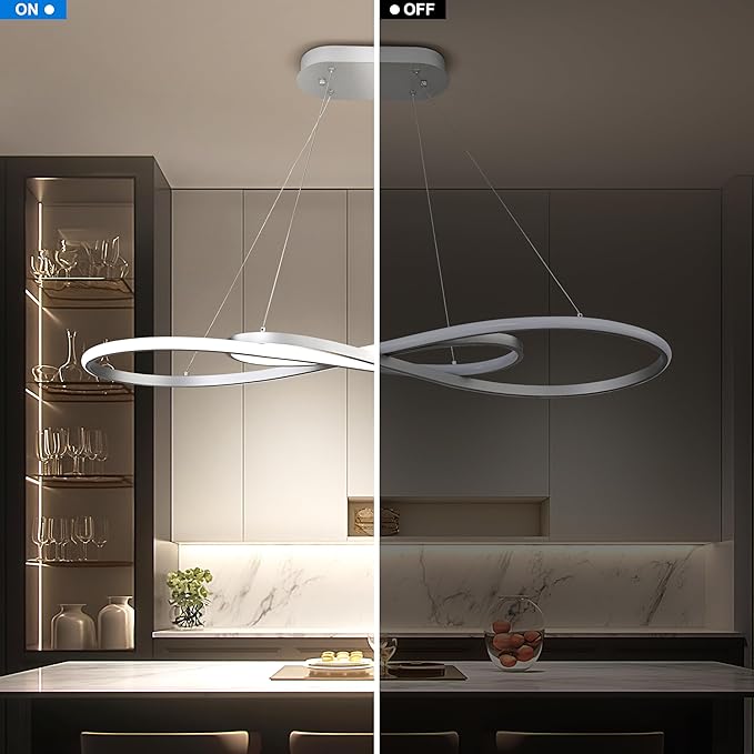 Modern Led Pendant Light, Dimmable Silver LED Chandelier for Dining Room Light Fixture Over Table Modern Kitchen Island Lighting, Height Adjustable Ceiling Light