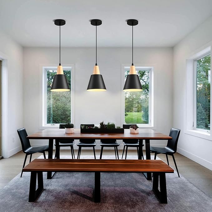 3 Pack Pendant Lights, Black Pendant Lights Kitchen Island,Wood Dome Minimalist Industrial Ceiling Hanging Lights for Kitchen Island, Barn, Dining Room, Living Room, Bedroom