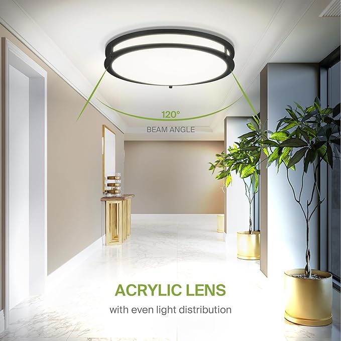 ASD LED 16" Round Flush Mount Lighting, Close to Ceiling Light Fixture | 3CCT, Dimmable, Energy Star, ETL Listed | 24W 1854LM 3000-5000K 120V | Low Profile Double Ring Lamp | Black