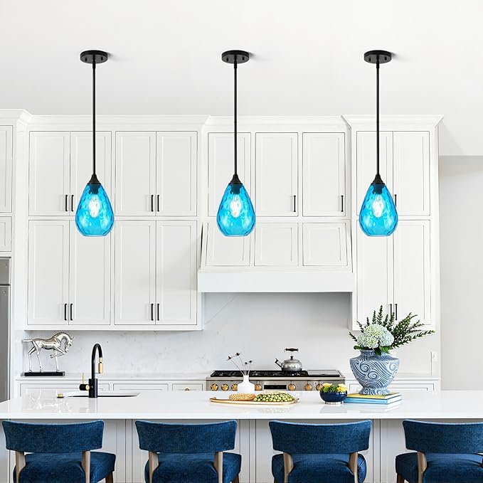 Black Pendant Lights Kitchen Island 2 Pack, Modern Blue Glass Pendant Light Fixtures with Hammered Glass and Rods, Adjustable Small Hanging Light for Kitchen Sink Dining Room Bathroom