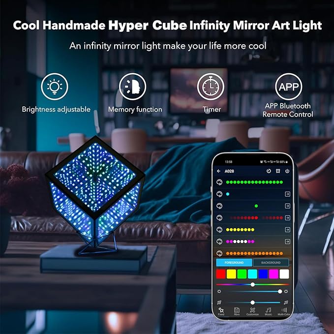 Infinity Mirror Hyper Cube Table Lamp, Desk Art Night Light, Color-Changing Music-Sync APP-Controlled Ambient Light for Gaming, Party, Home, Gift (Small 4Inchs)