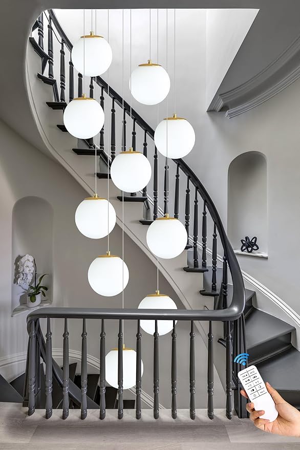 ykolupty 10-Light Gold Chandelier with White Globe Glass Dimmable Ceiling Light Glass Pendant Light for Kitchen Island, Dining Room, Living Room, Entry Hallway, LED Bulbs Included