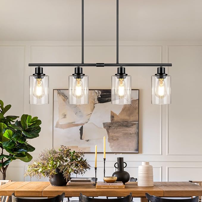Dining Room Light Fixture Over Table, 4-Light Kitchen Island Lighting Hanging, Farmhouse Linear Chandelier for Dining Room, Matte Black Pendant Light Fixtures with Clear Glass Shade for Kitchen Island
