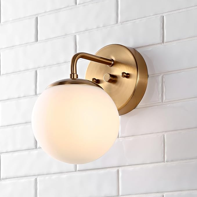 JONATHAN Y 5.75" Gold Painting Modern Globe Wall Sconce Vanity Light for Bathroom, White Frosted Glass Shade, Midcentury Parisian Bistro Wall Lamp, LED Bulb Included JYL3534A
