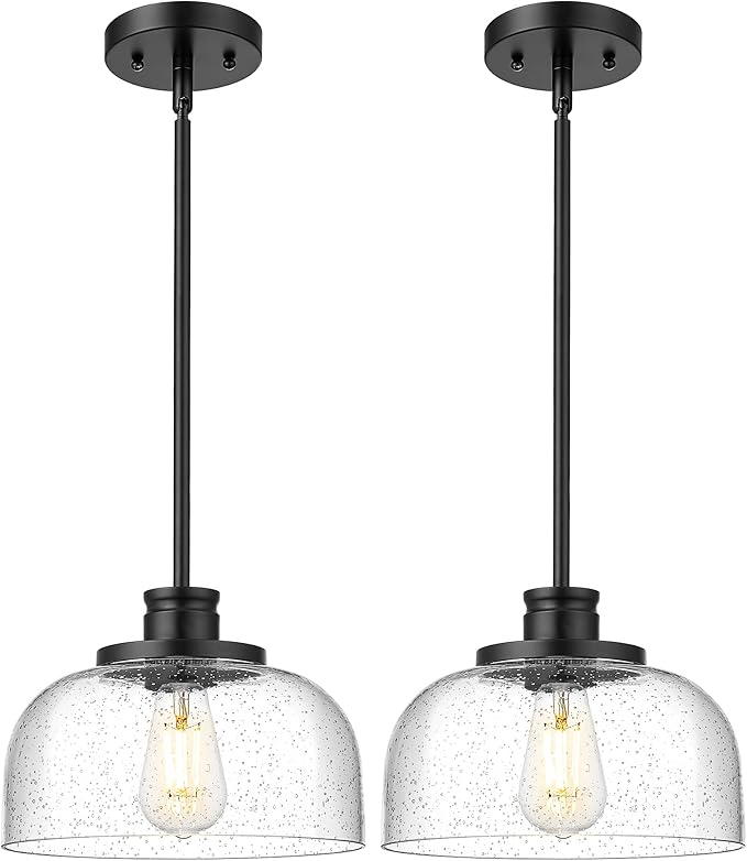 Emak 2 Pack Black Pendant Light Fixtures, 10 Inch Seeded Glass Pendant Lights Kitchen Island, Modern Farmhouse Island Lights for Kitchen, Dining Room, Bathroom, Bar, PL131-BK-SG-2PK