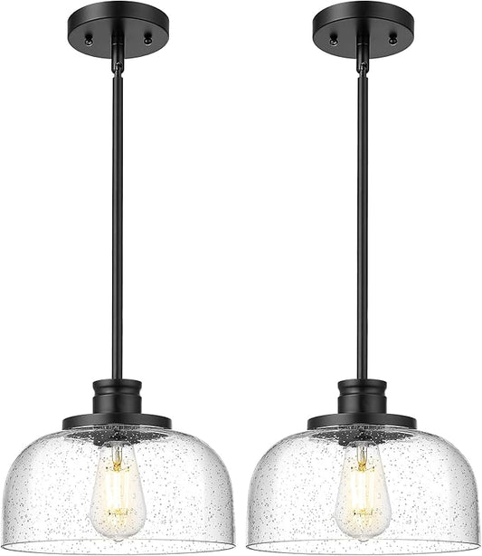 Emak 2 Pack Black Pendant Light Fixtures, 10 Inch Seeded Glass Pendant Lights Kitchen Island, Modern Farmhouse Island Lights for Kitchen, Dining Room, Bathroom, Bar, PL131-BK-SG-2PK