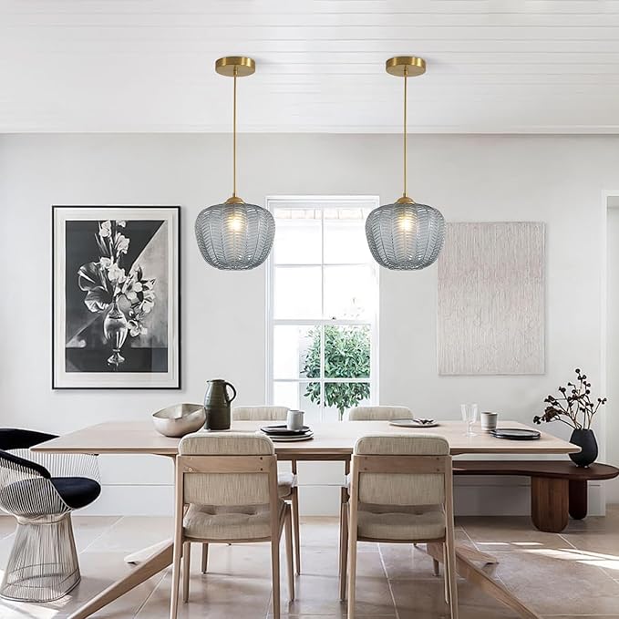 KCO Lighting Mid Century Modern Globe Hanging Light Brushed Gold Pendant Light Fixture Small Smoked Glass Pendant Light Vintage Striped Glass Ceiling Light Brass Kitchen Light Fixtures