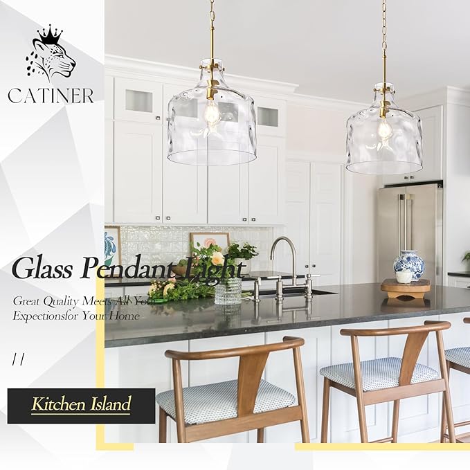 CATINER 16" Extra Large Farmhouse Pendant Light – Hand-Blown Hammered Glass Shade, Gold Finish, Adjustable Chain Ceiling Light for Kitchen Island, Dining Room, Hallway