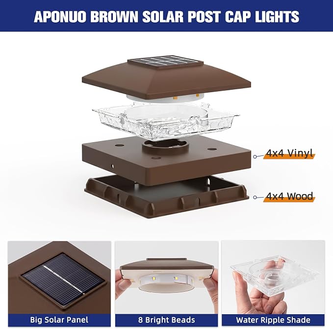 APONUO Solar Post Cap Lights for 4x4 Posts - IP64 Waterproof, 3000/6500K LED, Wireless Fence Lights & Deck Lights for Patios, Gardens, and Yards, Brown-Warm/Cool White, 12-Pack