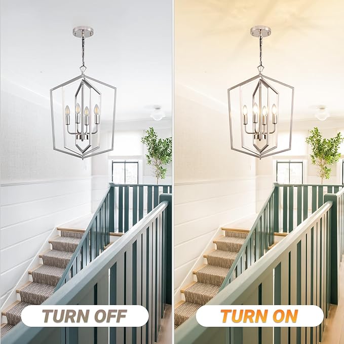 WJShome 18.1" Silver Chandelier, 4-Light Farmhouse Foyer Lighting Fixtures, Modern Hanging Ceiling Lantern Pendant Light, for Dining Room, Kitchen Island, Hallway, Entrance, Staircase