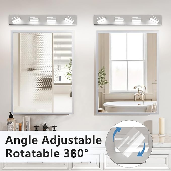 LED Modern Bathroom Vanity Light Fixtures, 4-Light 28-inch Dimmable Brushed Nickel Vanity Lights for Bathroom Lighting Fixtures Over Mirror, with 360° Rotatable Acrylic Heads (Cool White 6000K)