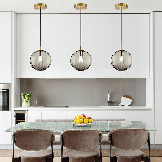 Modern Smoke Grey Glass Pendant Light, Kitchen Island Lighting 3-Pack Globe Pendant Light Fixtures Century Kitchen Island Pendant Lighting for Bedroom Living Dining Room Light Fixture (Without Bulb)