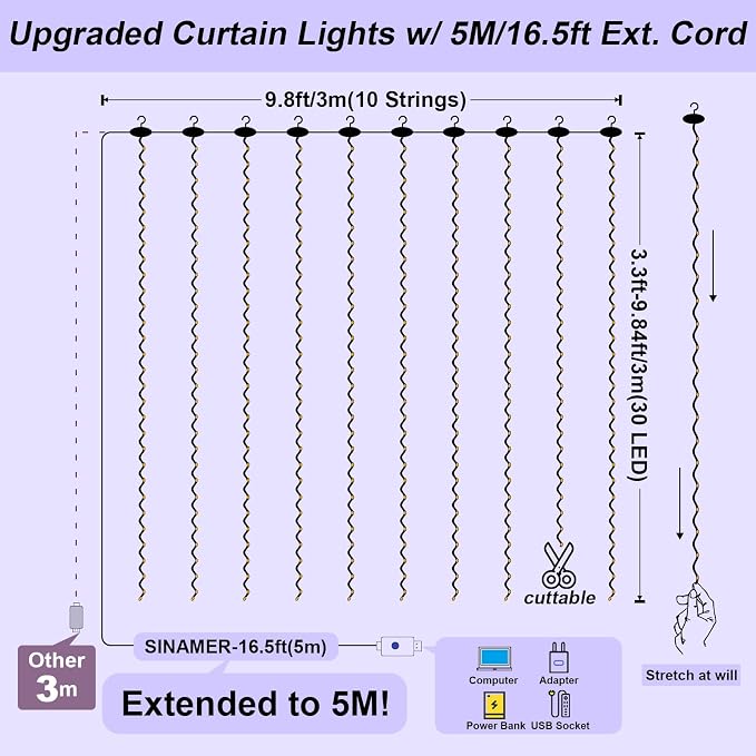 Upgrade 300 LED Curtain Light, 9.8ft x 9.8ft Copper Wire String Lights, USB Powered Hanging Window Fairy Lights, 8 Lighting Modes, Remote Control for Home Christmas Wedding Party, White