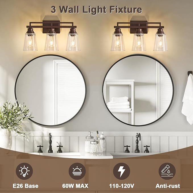 Refice Bathroom Vanity Lights, Bathroom Light Fixtures Over Mirror, Oil Rubbed Bronze 3-Light Wall Lamps Vintage with Clear Glass Shades for Mirror, Living Room, Farmhouse, Hallway